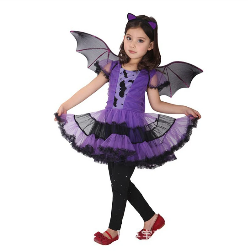 Girls Purple Bat Dress Kids  Cosplay Vampire Demon Costume With Wing Headwear Halloween Carnivat Witch Role Play Clothes