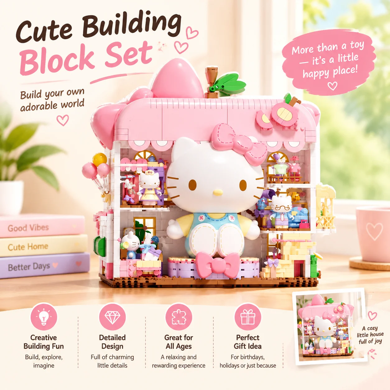 Hello Kitty House Building Blocks Set With Usb-C Led Light Kit Diy Assembly Bricks Home Decor Collectible Gift For Adults