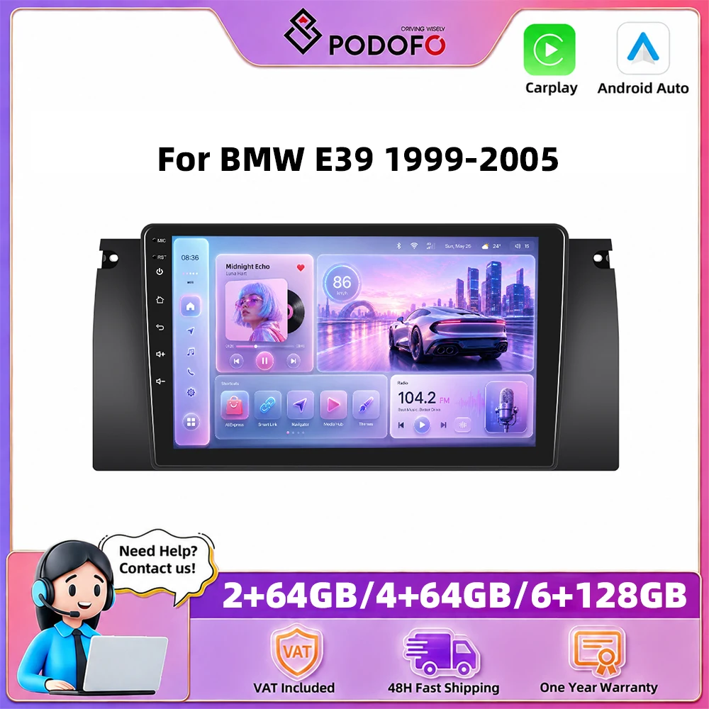 Podofo – autoradio 9 pouces pour BMW E39 1999-2005, Carplay sans fil, Android Auto, systèmes de voiture intelligents, navigation GPS, lecteur multimédia, MirrorLink, BT, WIFI, unité principale