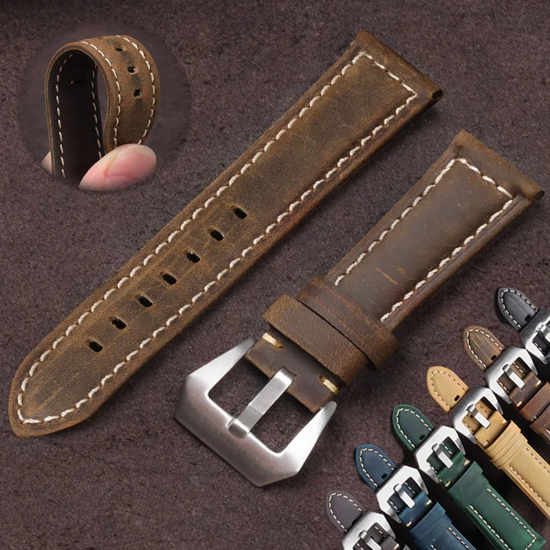 Vintage Crazy Horse Leather Watch Strap 20mm 22mm 24mm 26mm Distressed Retro Cowhide Bracelet for Panerai for Omega Wristband