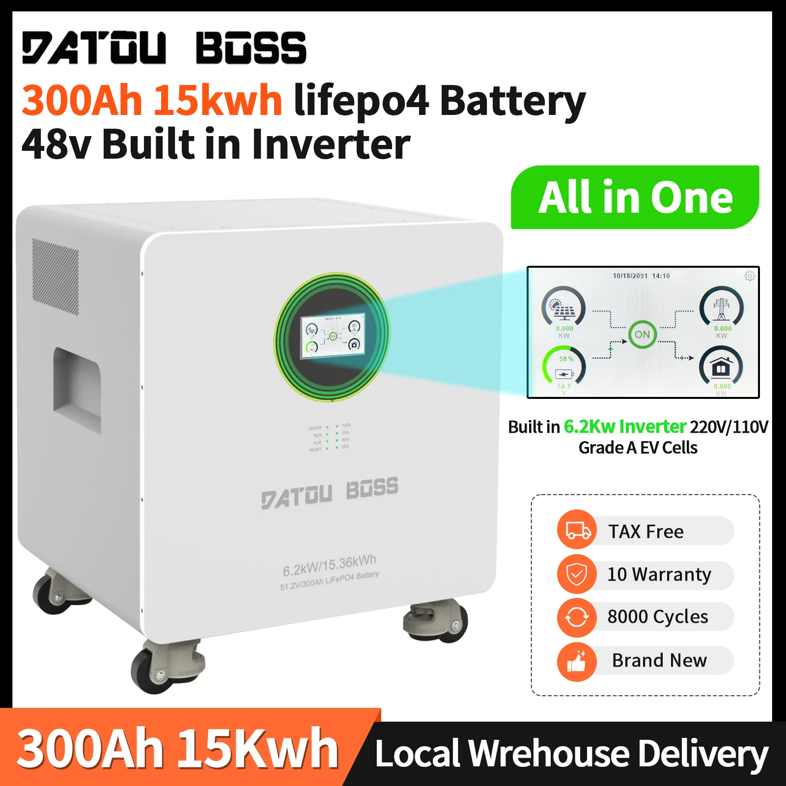 DATOUBOSS 15kwh lifepo4 batterie 48v et onduleur intégré 6200W avec écran tactile LCD amovible avec roues roulantes