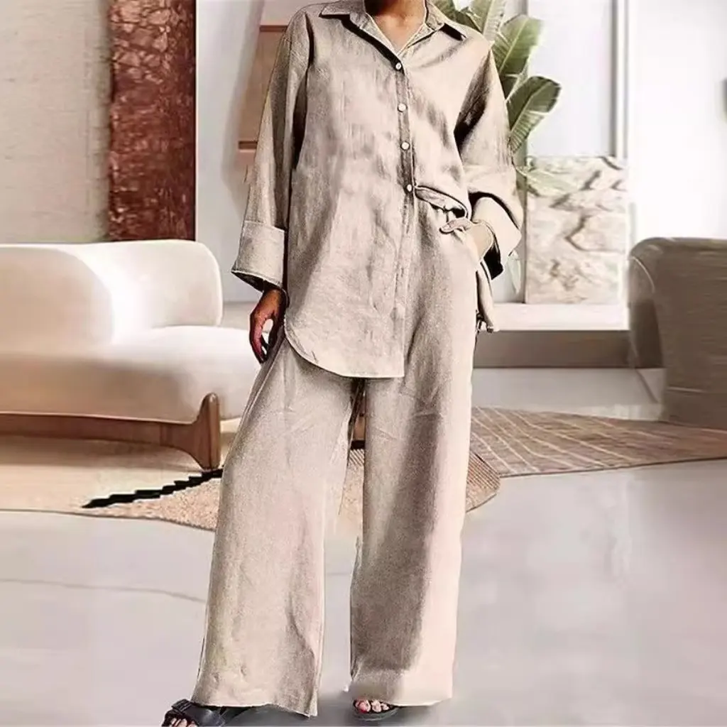 

Новый летний модный женский однотонный костюм с длинными рукавами, прямые брюки, комплект из двух предметов, стиль Ближнего Востока, в наличии для