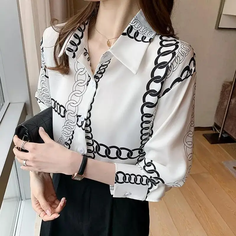 Casual Temperament Printing Single-breasted Blouse Women Classic Long Sleeve Office Fashion All-match Lady Chiffon Shirt