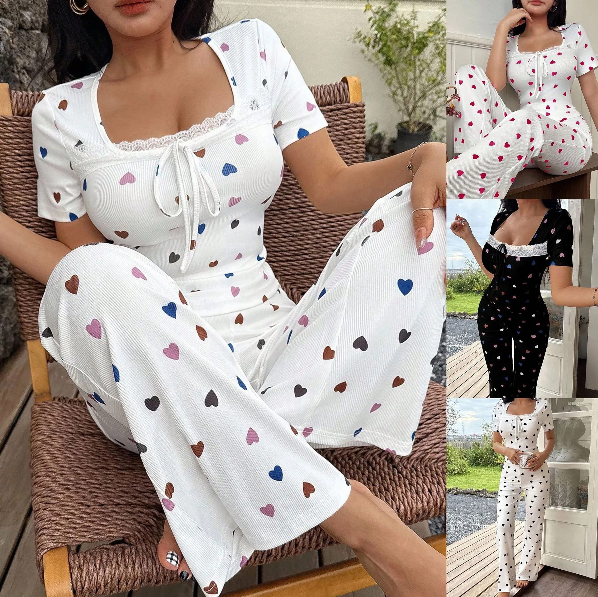 

Lady's sexy heart-shaped nightgown, fashionable tomboy lace-trimmed short-sleeved pants, casual homewear clothing