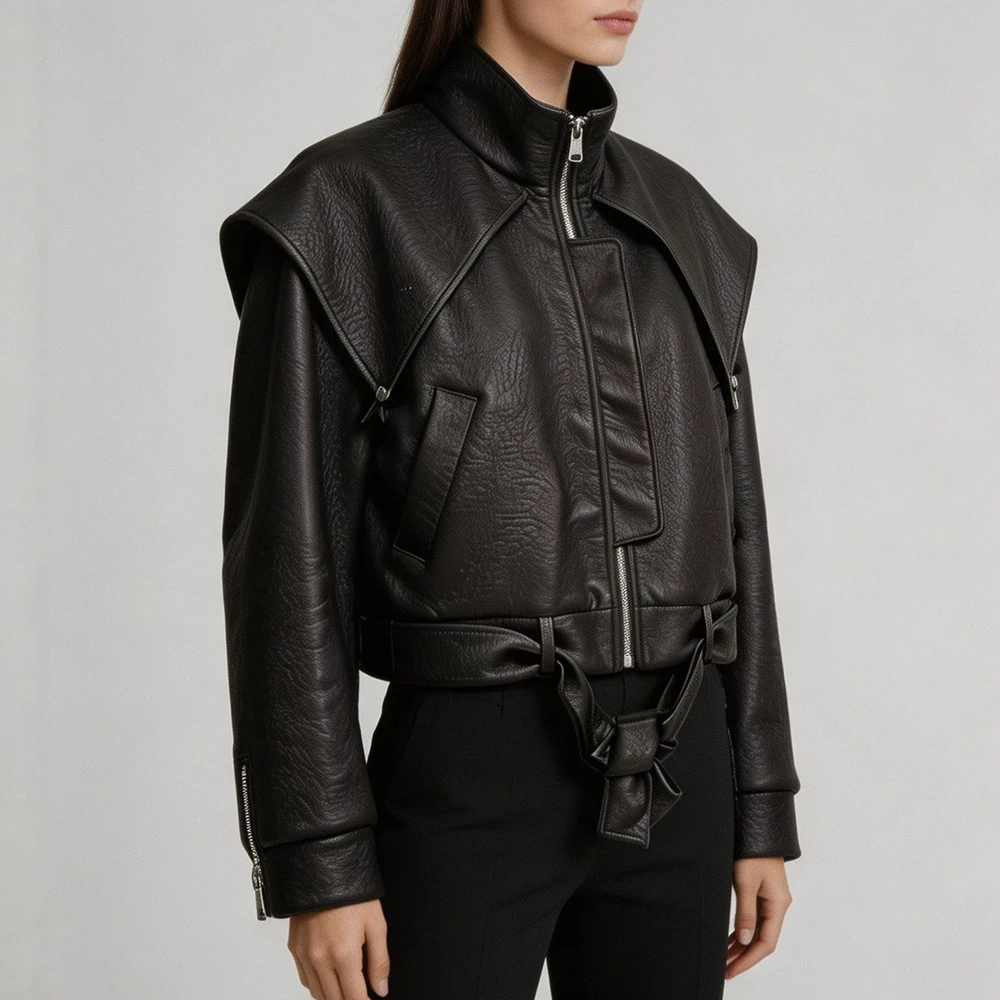 TWOTWINSTYLE Waist Belt Spliced Zipper Slimming Jacket for Women Stand Collar Long Sleeve Patchwork Pockets Jackets Female Style