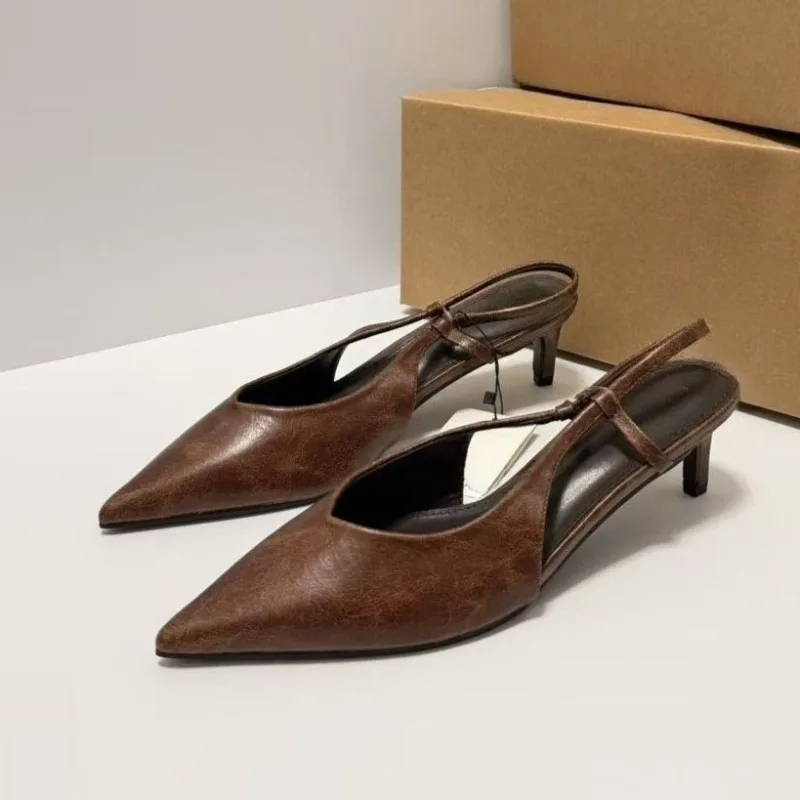 Kitten Heels Summer Women Dress Sandals Vintage Brown Sexy Pointed Toe Slingback Office Work Zapatos De Mujer Ladies Shoes view 3