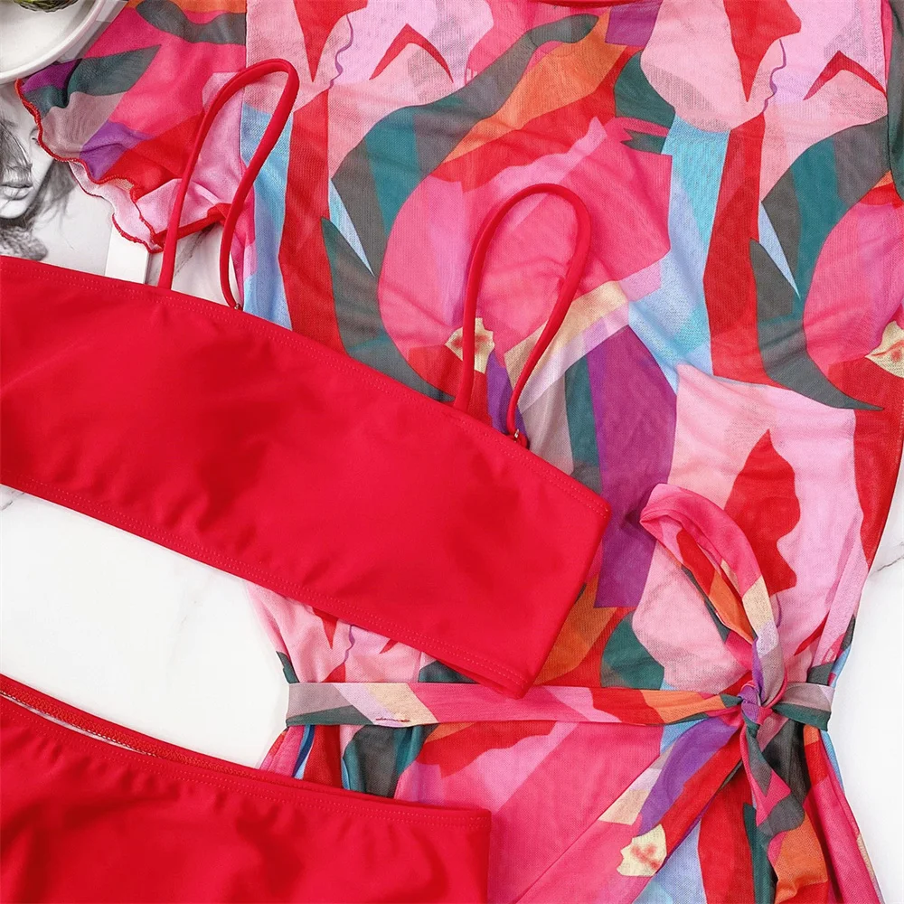 Red Sling Bikinis Sets Geometrical Print Bikini Dress Y2K Swimsuit Vacation Swimwear Women Micro Thong Bathing Suit Beach Outfit
