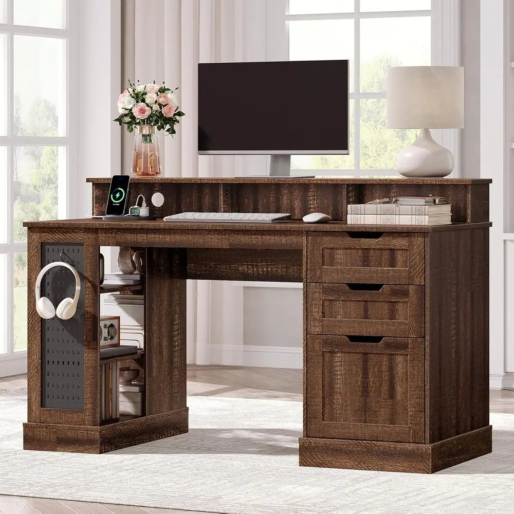 

55 Executive Desk with 2 Drawers, 3-Tier Shelving, Charging Station, and Monitor Stand, Brown