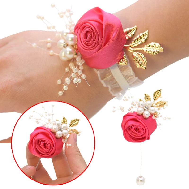 Bridesmaid Faux Rose Bracelet Wedding Wrist Corsage Polyester Ribbon Pearl Bow Bridal Gifts Hand Flowers Party Prom Accessories