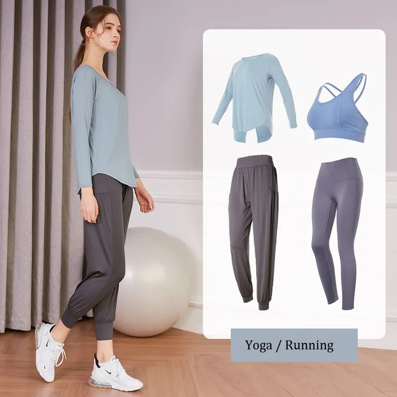 Yoga Set Women Gym Clothing Loose Running Sweatpants Back Tie Long Sleeved Shirts Seamless Fitness Leggings Workout Sport Suits