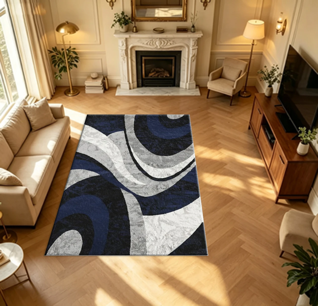 Modern Abstract Curved Swirl Deep Blue Gray Carpet Floor Art Non-Slip Carpet Suitable for Living Room Bedroom Home Decoration