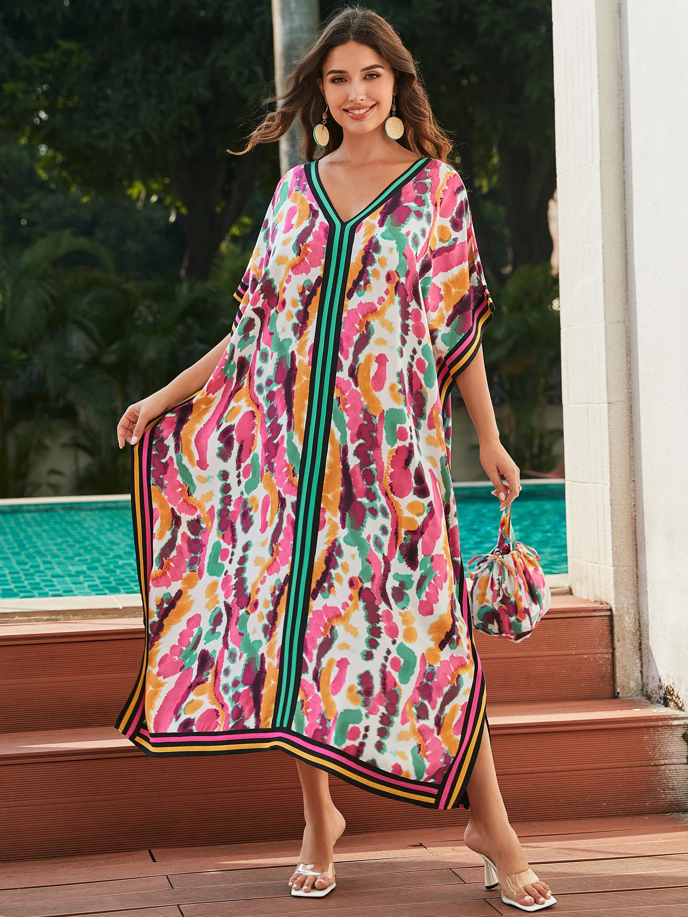 Kolorowy nadruk Plus Size Kaftan Boho kostium kąpielowy przykryty 2024 szlafrok letni plażowy sukienka Maxi (z małą torbą) Q1619