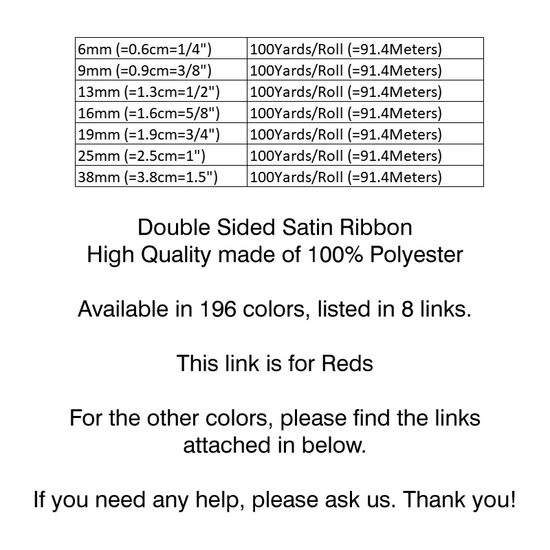 100Yards 6/9/13/16/19/25/38mm Red Blue Double Face Satin Ribbon Solid Color 100% Polyester Dense Fabric Tapes Party Decoration