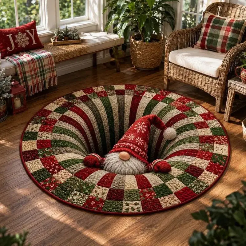 VIKAMA Christmas Village Round Rug, 3D Snow Steps Cabins Trees Illusion Circle Carpet, Santa Workshop Living Room Mat