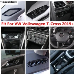 Carbon Fiber Accessories For VW Volkswagen T-Cross T Cross 2019 - 2023 AC Handle Bowl Window Lift Steering Wheel Gear Cover Trim