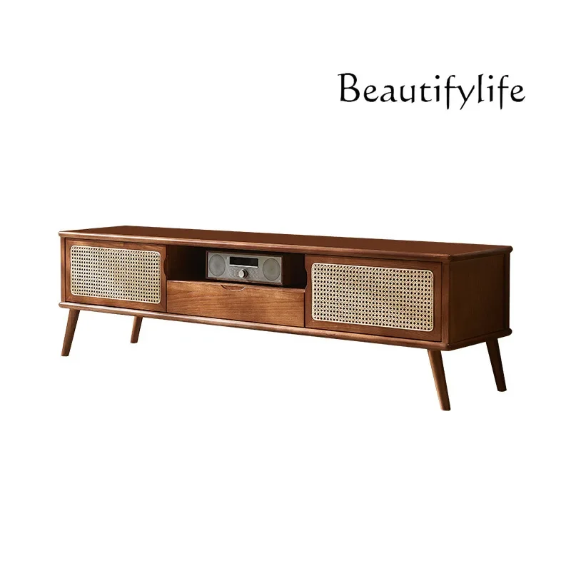 

Japanese-style medieval solid wood rattan TV cabinet Small apartment living room audio-visual cabinet