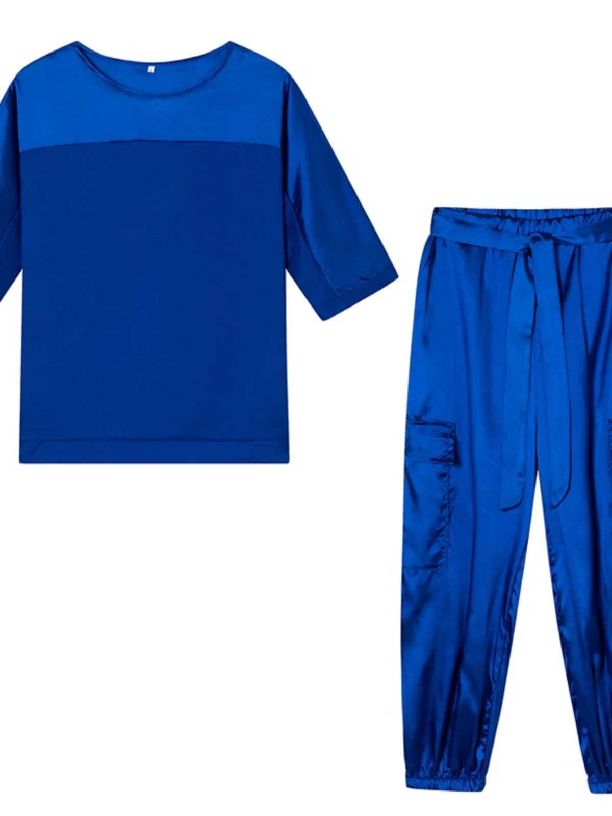 Spring Summer  Color Block Smooth Satin Half Sleeve Loose Long Pants Casual Sport Two Piece Set round Neck Short Sleeve image 5