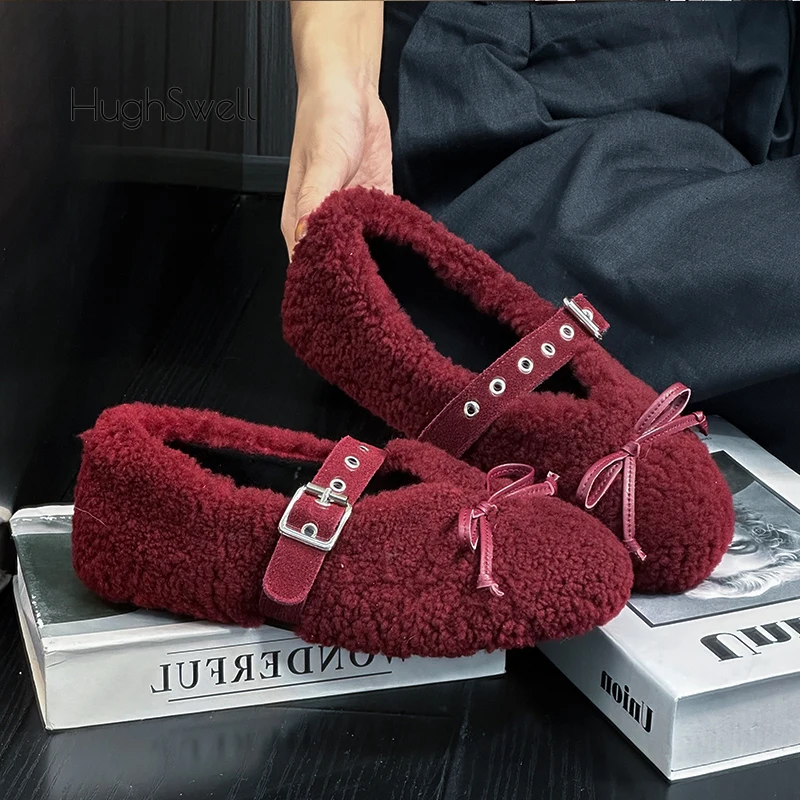 Luxury Buckle Strap Lambswool Ballet Flats Woman Brand Design Round Toe Bowknot Fur Mary Jane Shoes Ladies Fluffy Plush Loafers