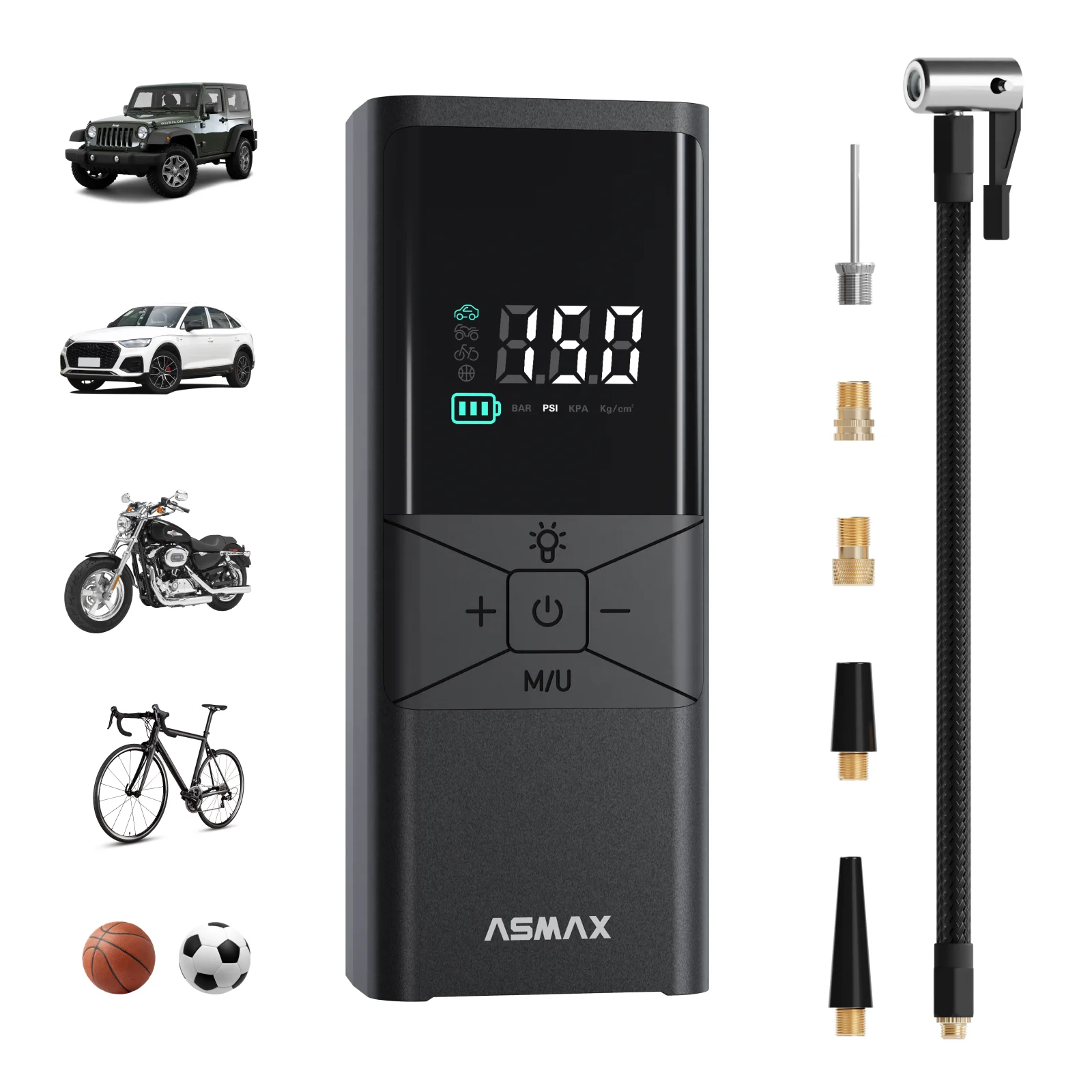 

Портативный компрессор ASMAX T40 для подкачки шин, 150PSI, 6000 мАч, перезаряжаемый, с LED-дисплеем и мониторингом давления в реальном времени