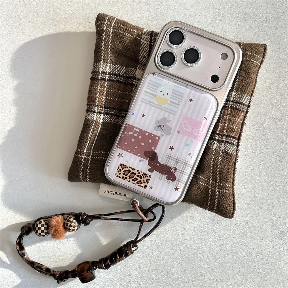 Funda de teléfono coreana con purpurina de conejo y cachorro de dibujos animados para iPhone 15, 13, 14, 16 Max 17 Pro, Fundas de galvanoplastia a la moda