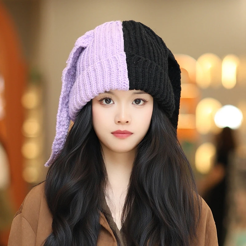 Korean Cute Contrast Color Rabbit Ear Knitted Hat Winter Keep Warm Beanie For Women