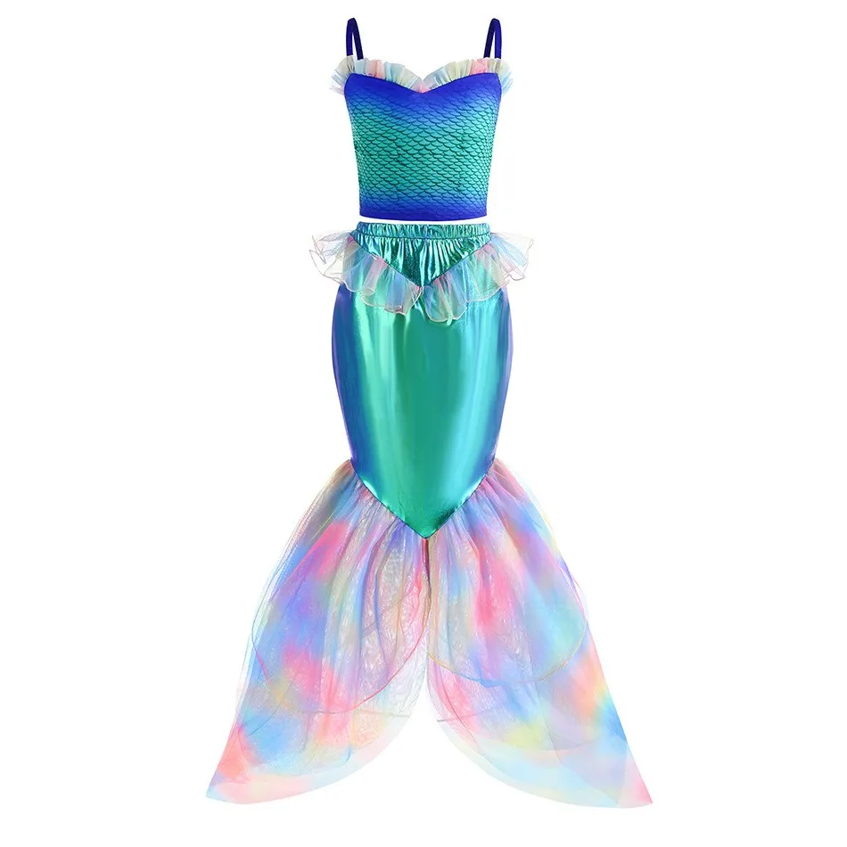 2024 Disney Little Mermaid Summer Cool Straps Dress for Girl  Cospaly Blue Sleeveless Princess Dress Carnival Party Lace Dress