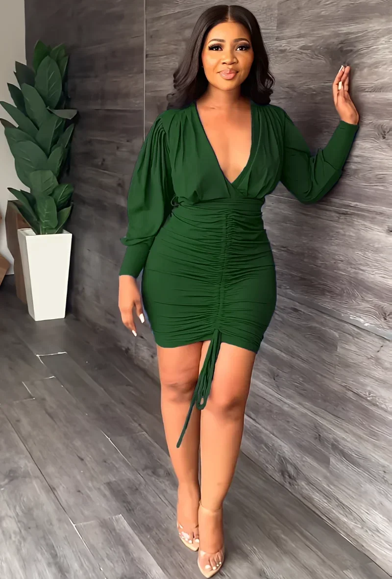 GUWU Lente Lange Mouw Trekkoord Ruches Wrap Mini Jurk Vrouwen Sexy Diepe V-hals Bodycon Bandage Clubwear Feestjurk