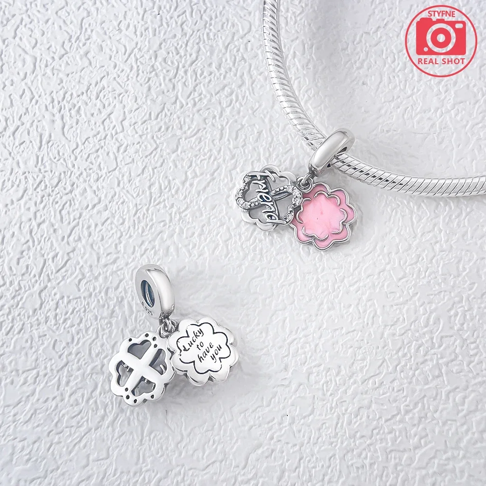 Silver 925 Friendship Love Double Dangle Charm Four-leaf Beads Fit Original Bracelets Diy Fine Jewelry Gifts for Women