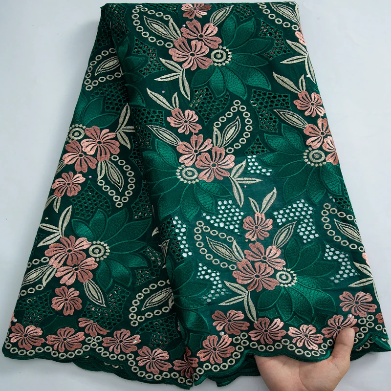 Green Swiss Voile Lace Fabric 2024 High Quality African Dry Cotton Lace Fabric Flower Embroidery For Women Party Dress A3248