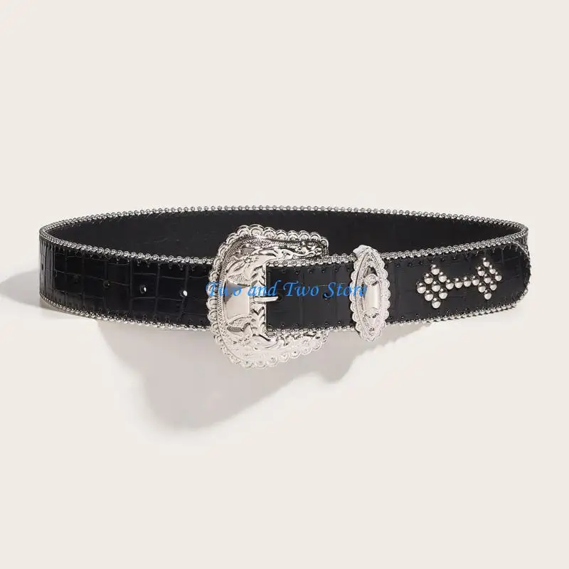 

HX6F PU Leather Waist Belt with Metal Rivet for Fashion Enthusiasts Jeans Skirt