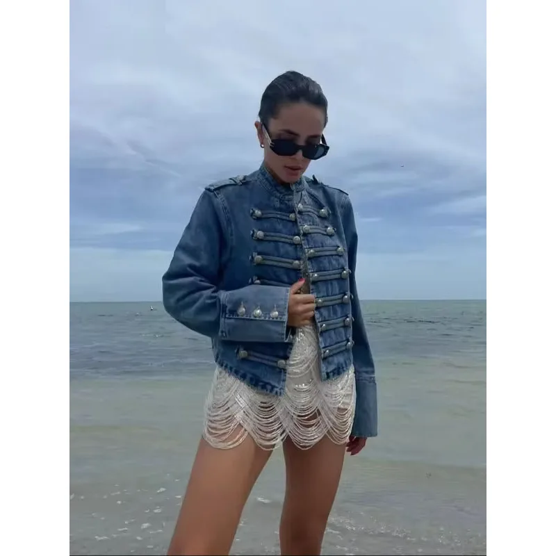 Vintage Street Denim Jacket Women's Short Coat Fashion Metal Buckle Stand Collar Long Sleeve Jean Jacket 2026 New Slim Outerwear