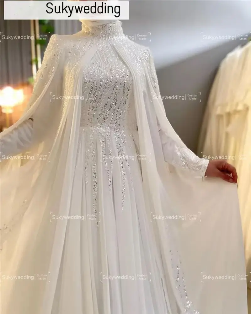 Sparkly Chiffon Arabic Muslim Wedding Dresses for Bride Beaded Sequin Long Sleeve Islamic Bridal Gowns with Cape Customized