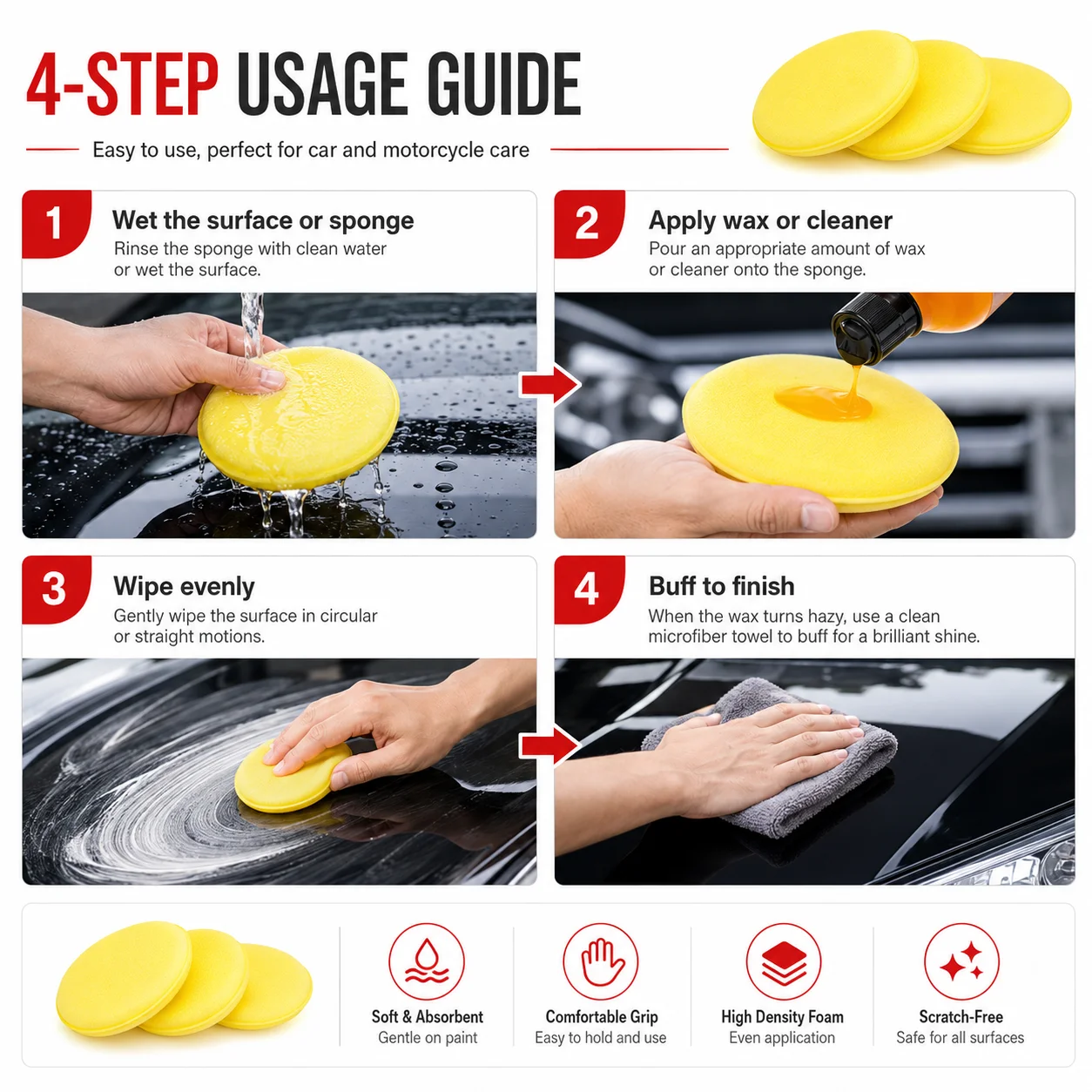 PINMOAP 3/5/12/24P Car Bike Motorcycle Cleaning Sponge Reusable Wax Applicator Pad Scratch Free Soft Foam Detailer For Auto Wash view 6