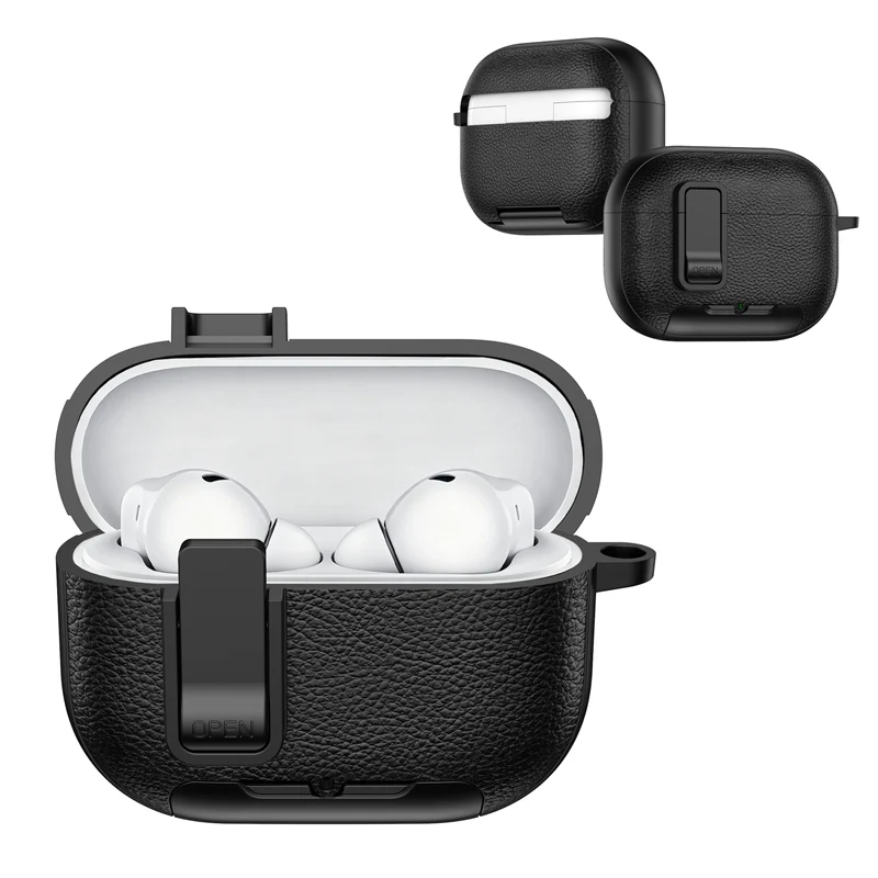 Capa para fones de ouvido com textura de couro e suporte para celular com trava de segurança, para Huawei Free Buds S E4ANC, capa para fones de ouvido Bluetooth com gancho.