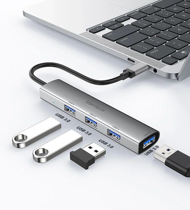 RSHTECH USB Hub 4-in-1 USB3.0 Data Hub 5Gbps Data Transfer Docking Stations Aluminium USB C Splitter for Type C Laptops MacBook Flash Drive