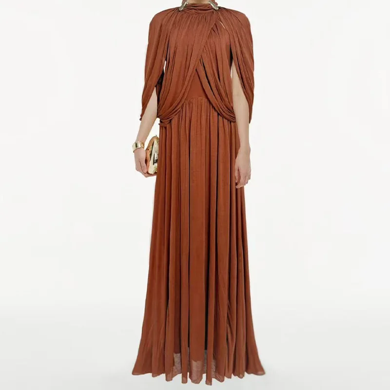Chique Chiffon Geplooide Maxi Jurk Dames Elegant Flutter Mouw Turtleneck Patchwork Lange Jurken 2026 Nieuwe Avondfeestjurken