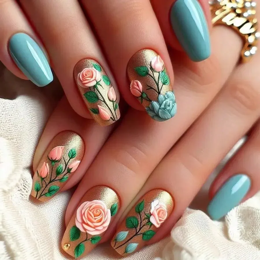 

24Pcs European Square Glitter Floral Press On Nails, Reusable Self-Adhesive, For Daily Party Date Vacation