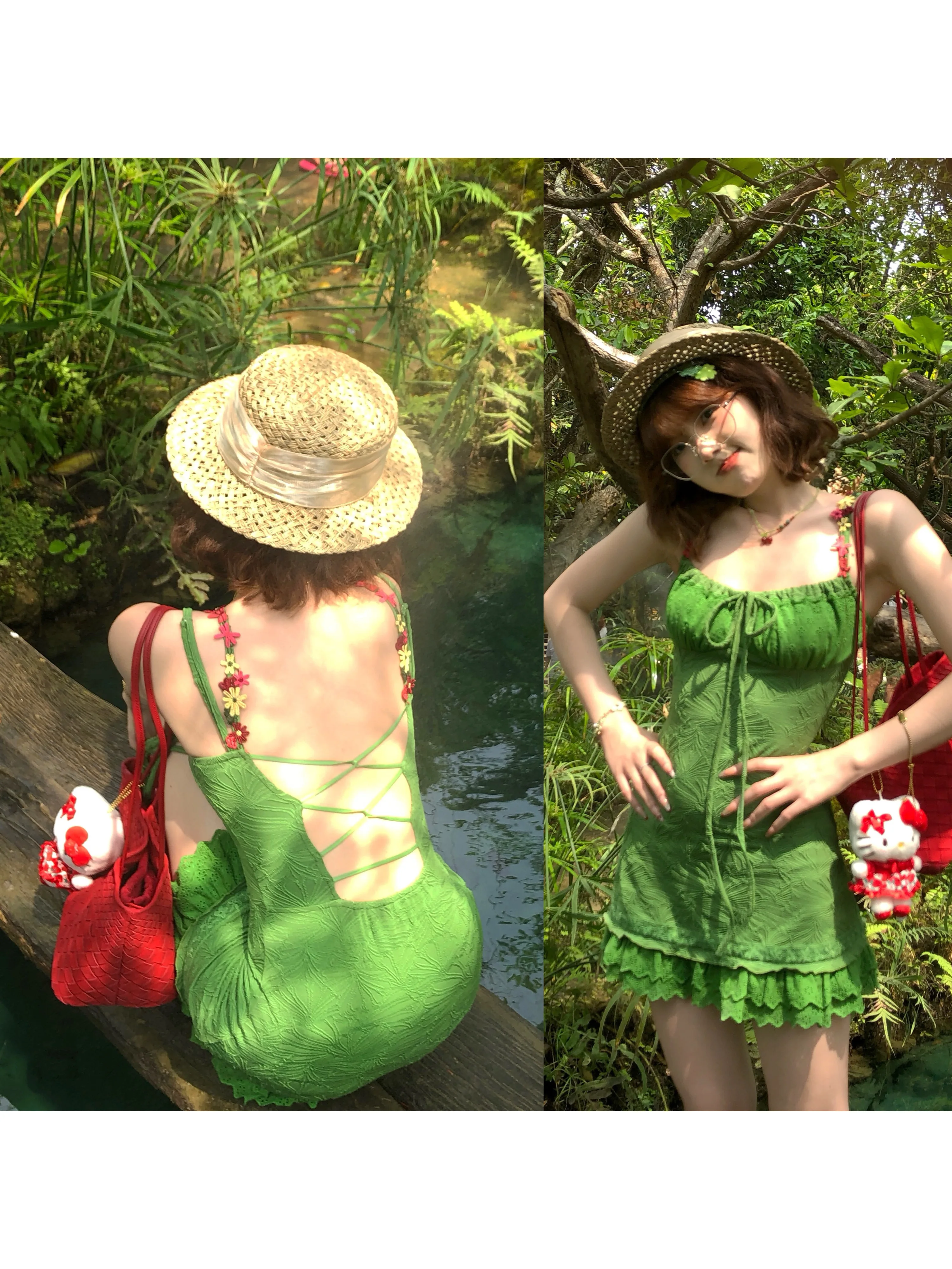 ALITTLE Messy "Coconut Summer" Vestido Halter con Estampado de Flores del Bosque Brillante, Doble Tirante y Cintura Ajustada, Estilo Vacacional