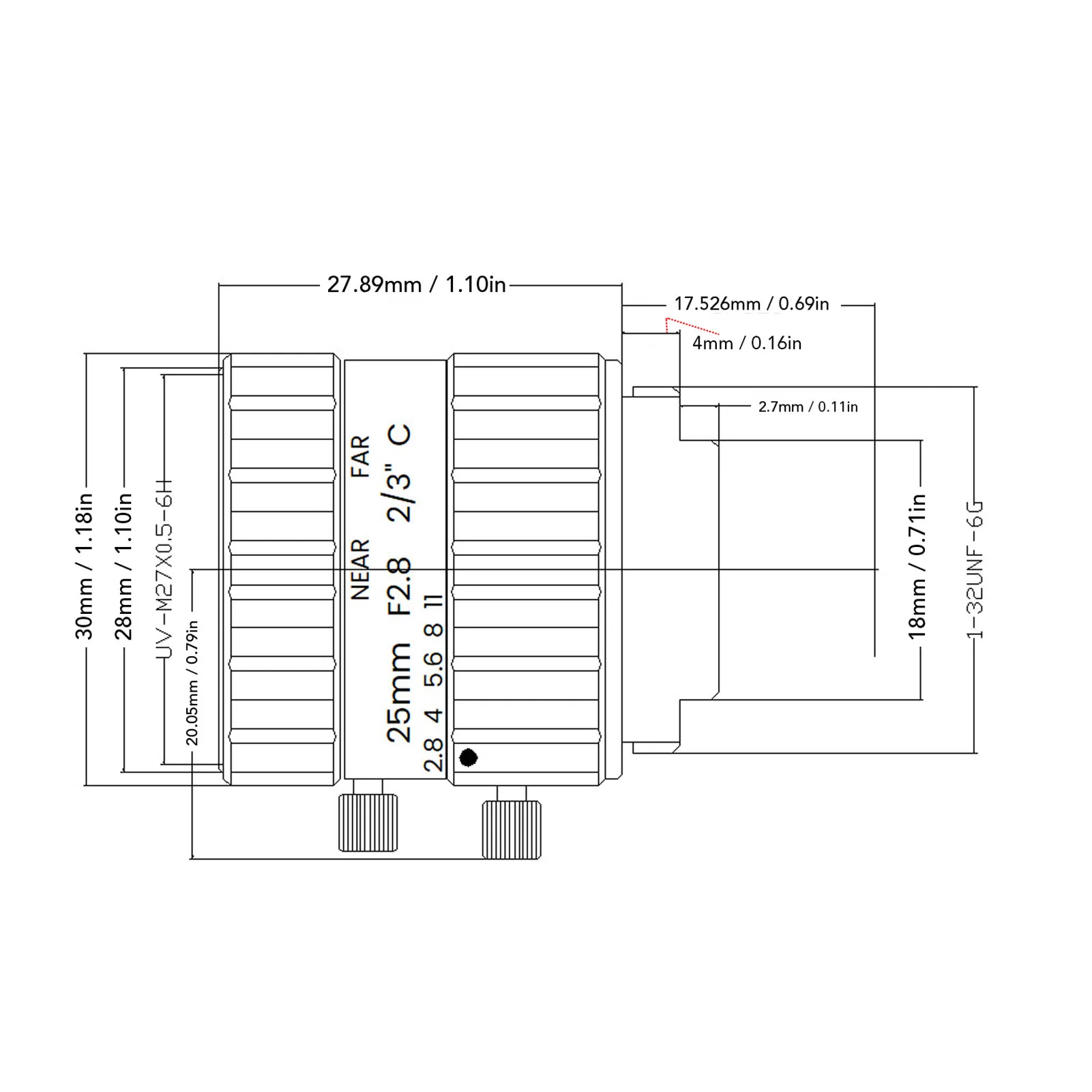Lente de 25mm F2.8, lente de montaje C, 12MP, 2/3, 25mm de longitud F2.8, apertura de alta resolución, baja distorsión, lente Industrial gran angular