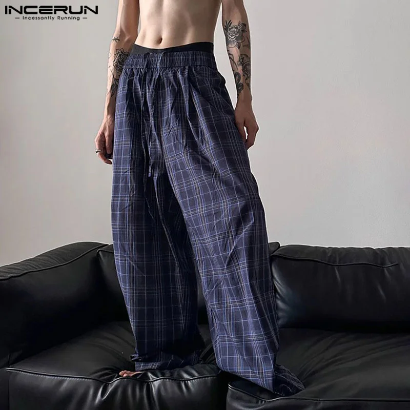 INCERUN 2024 Korean Style Trousers New Men's Stylish Plaid Long Pant Casual Streetwear Male Hot Selling Wide Leg Pantalons S-5XL