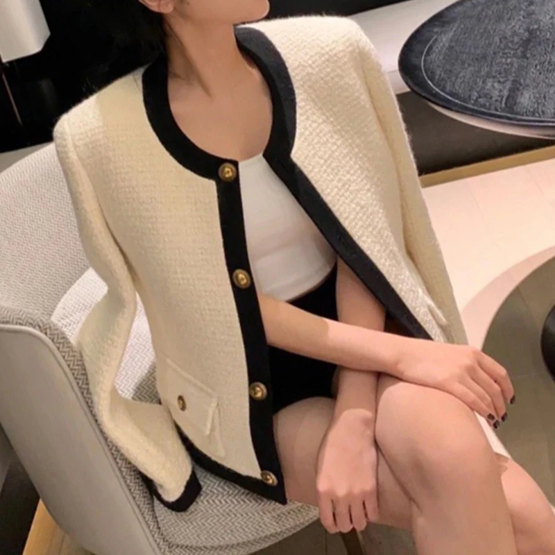 2023 spring small fragrance new style celebrity elegant pocket tweed color contrast three-dimensional fashion suit short jacket