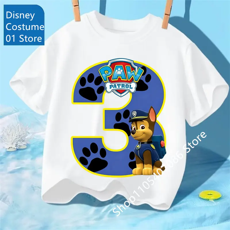 Paw Patrol Birthday Number Tee Shirt Baby Summer Cotton T Shirt Boy Girl Chase Skye Printed Kid Clothes Cartoon Letter Tops Gift
