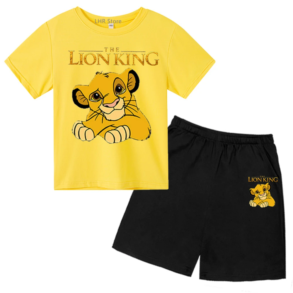 Yellow Summer Anime Lion King Simba Clothes Children T-shirts +Short sleeve Sets 2-12 Years Boy Girl Casual Tops Short Sleeve