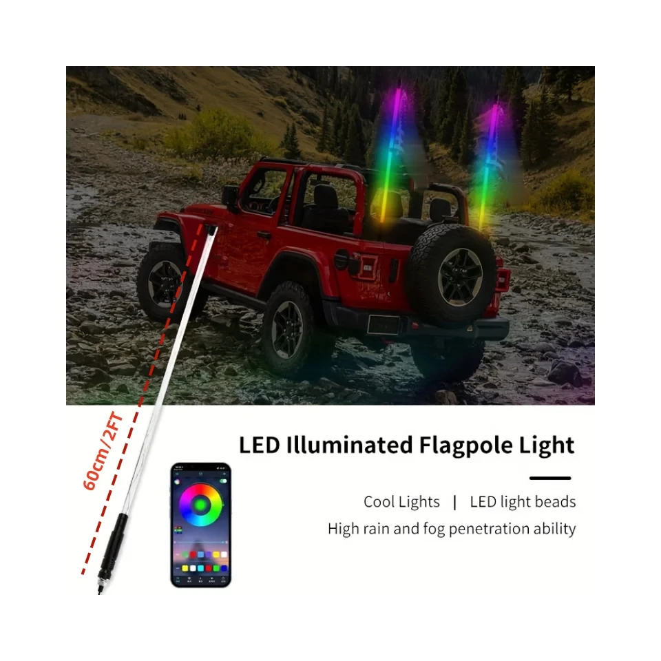 2PCS 2FT LED Zweep Lichten Afstandsbediening Vlaggenmast Antenne Zwepen voor UTV ATV Off Road Truck Zand Buggy duin RZR