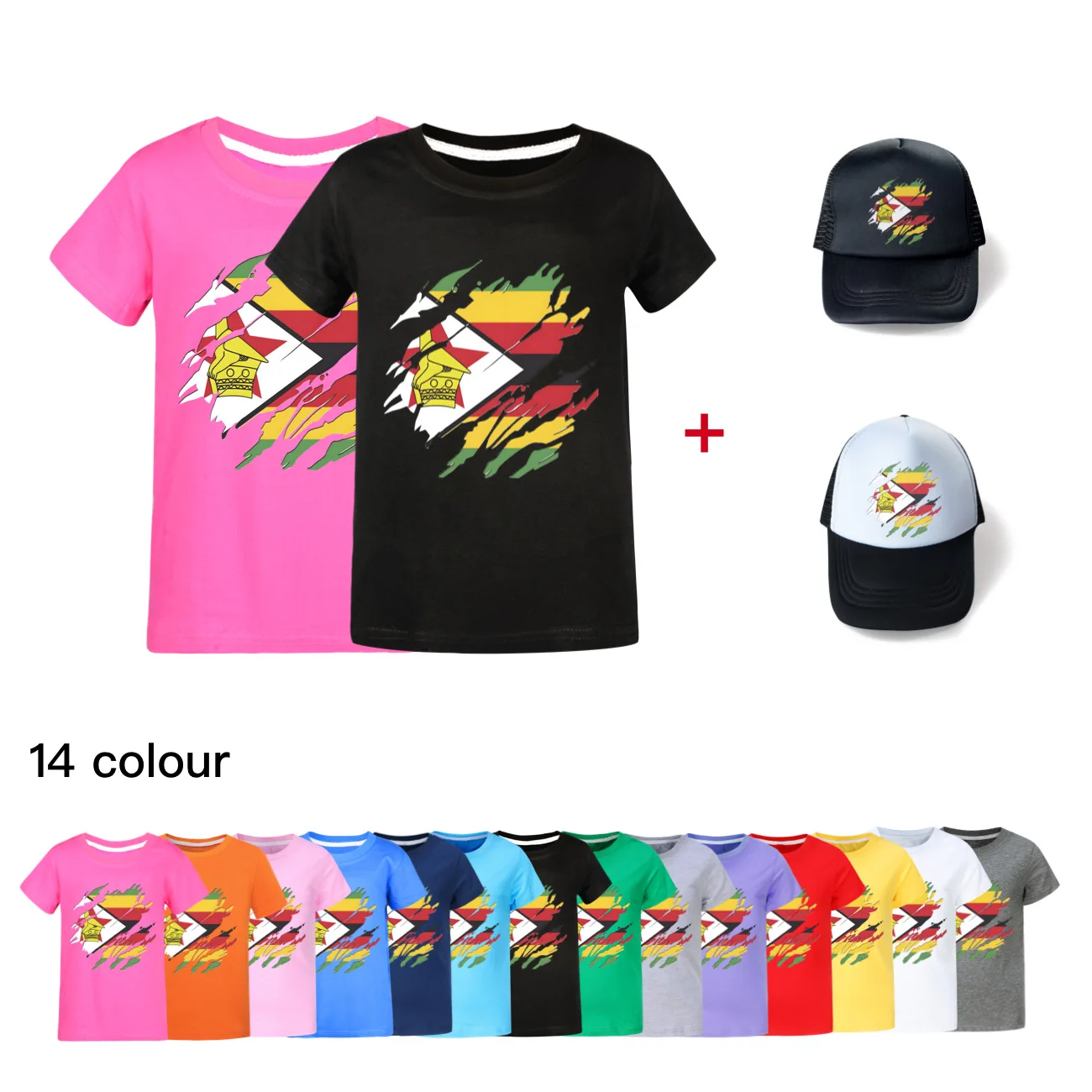 

T Shirt Kids Torn Zimbabwe Clothing Children Summer Short Sleeve Tops &sunhat Boys Casual Tees Girls Cotton Clothes4709
