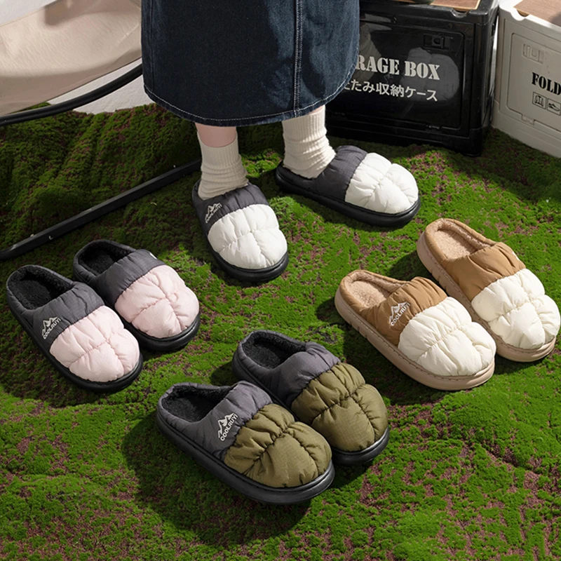 Wasserdichte Daunenstoff-Plüsch-Hausschuhe für Damen 2026 Winter Dicke Sohle Rutschfeste Baumwoll-Hausschuhe Damen Bequeme Warme Brot-Slides – Detail 9
