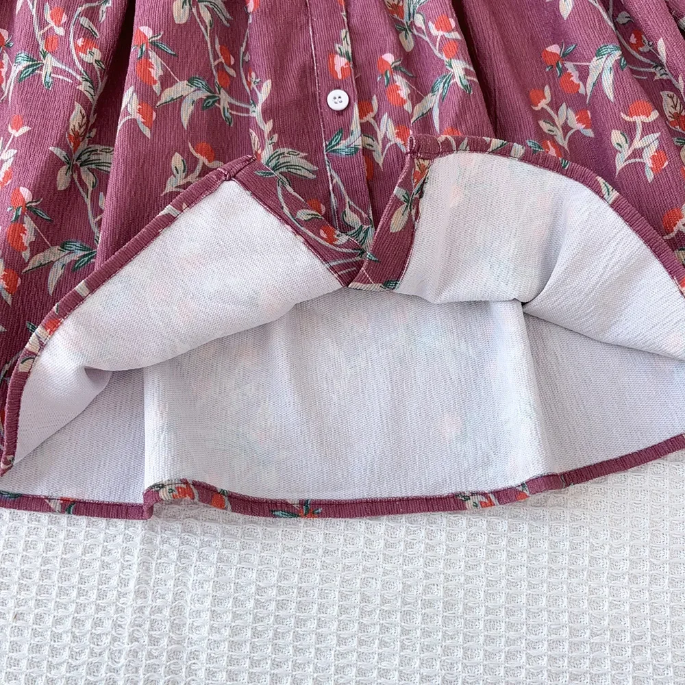 Bear Leader 3-7 Jahre Herbst Neue Lila Blumendruck Mädchen Freizeitkleider Modische Einreiher Langarm Kinderkleid – Detail 3