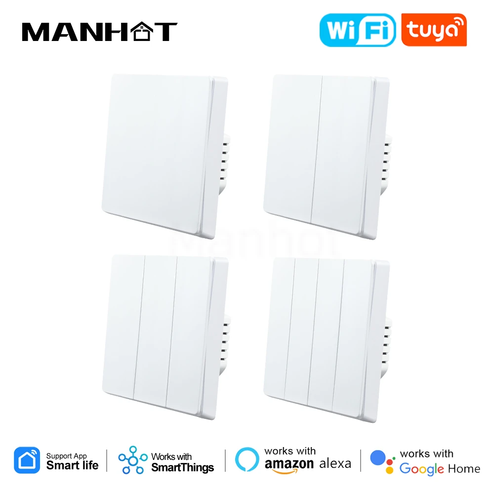

Manhot Tuya Smart EU WiFi Button Switch Neutral Wire Required 1/2/3/4 Gang Wall Light Switch For SmartThings Alexa Google Home