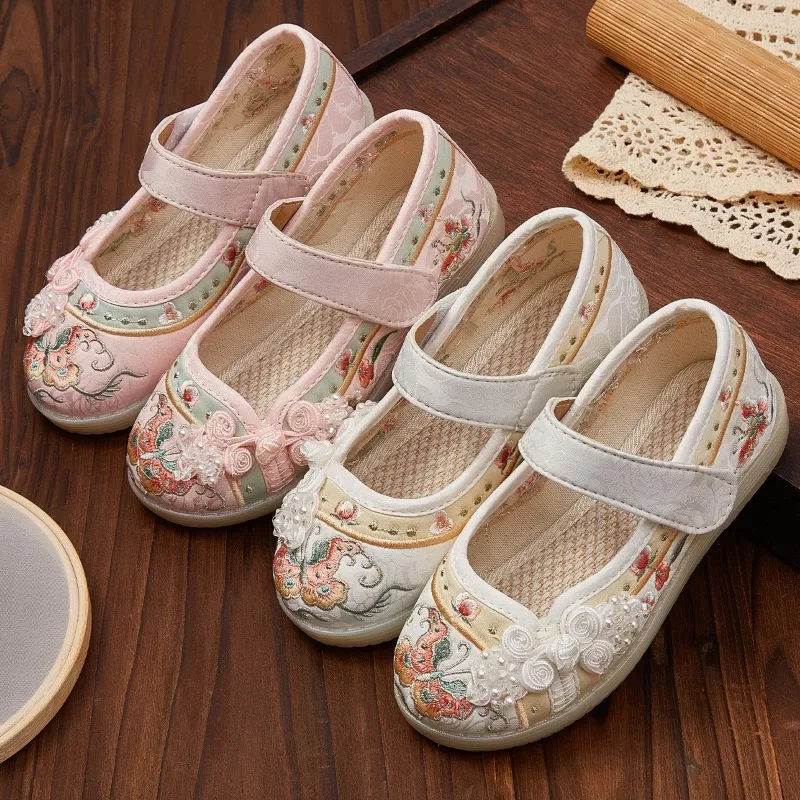 Kids Hanfu Shoes Sweet Embroidery Flower Girl Princess Shoes Fashion Chinese Ancient Style Children\'s Causal Flat Cloth Shoes