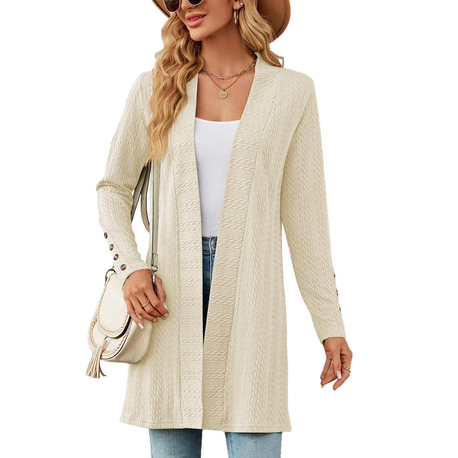 

2023 Autumn/Winter New Women's Elegant and Comfortable Solid Color Button Long sleeved Loose Cardigan Coat Women's Wear